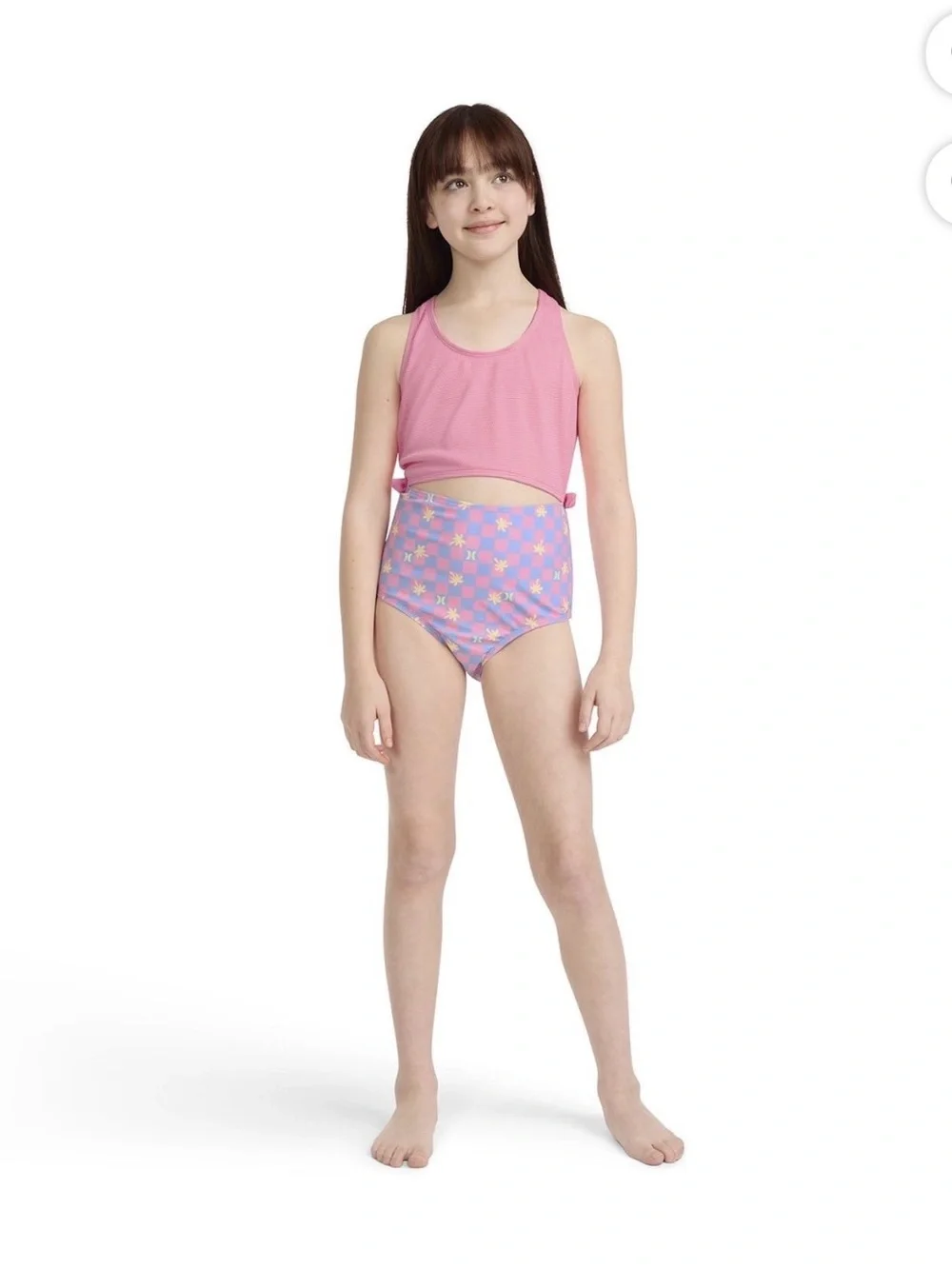 Hurley Pink Racerback Swim Top with Lavender Floral High-Waist Bottoms